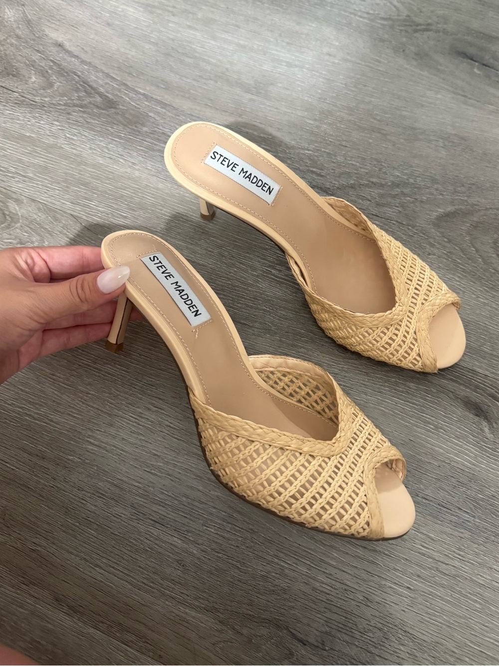 Steve Madden Tan Woven Peep-Toe Kitten Heel Mules